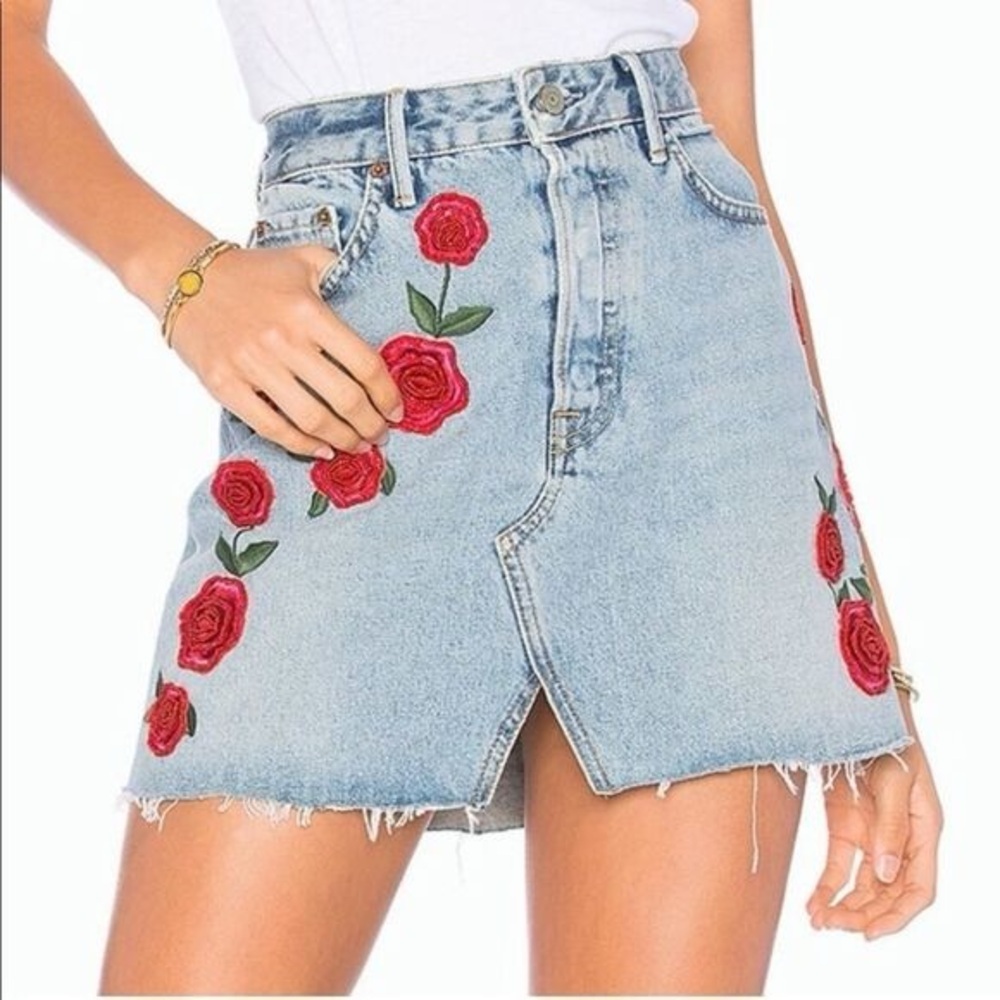 GRLFRND Milla Embroidered Mini Jean Skirt